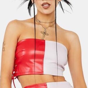 BELITA COLLECTION Faux Leather Split Color Block Tube Top Lavender Purple Red L